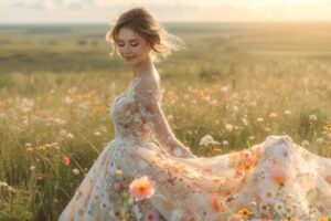 Les robes champêtres fleuries : une touche de magie pour les photos de mariage en plein air