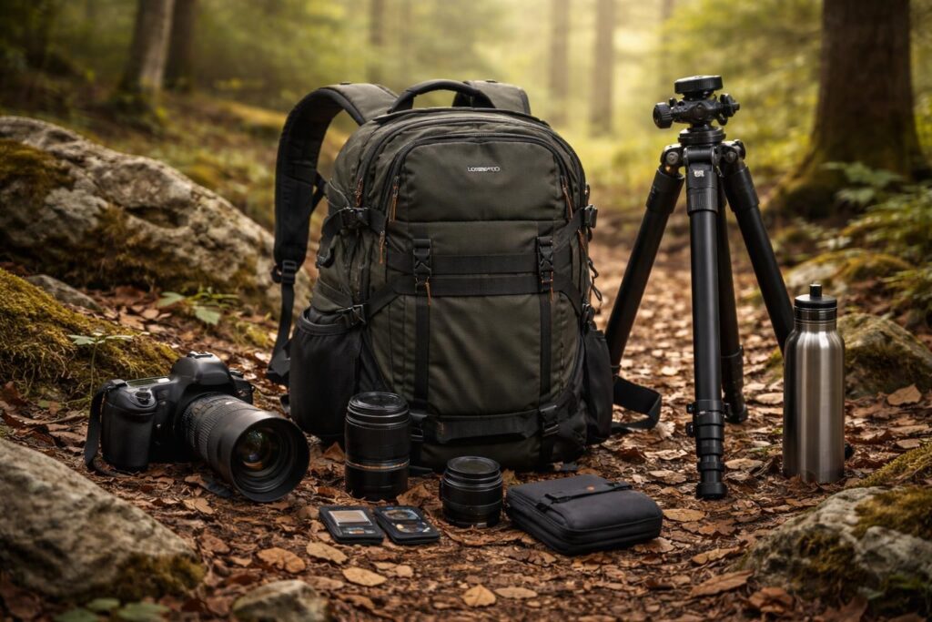 Équipement randonnée photo pour passionnés avec sac à dos Lowepro trépied Manfrotto